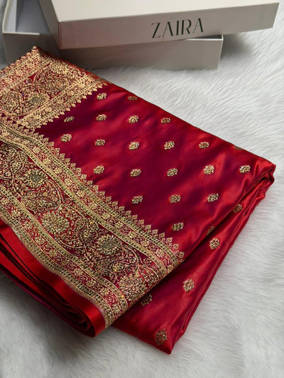 Banarasi Cross Red  Booti Pattern With Swarovski work Satin Katan Silk Saree BSK53