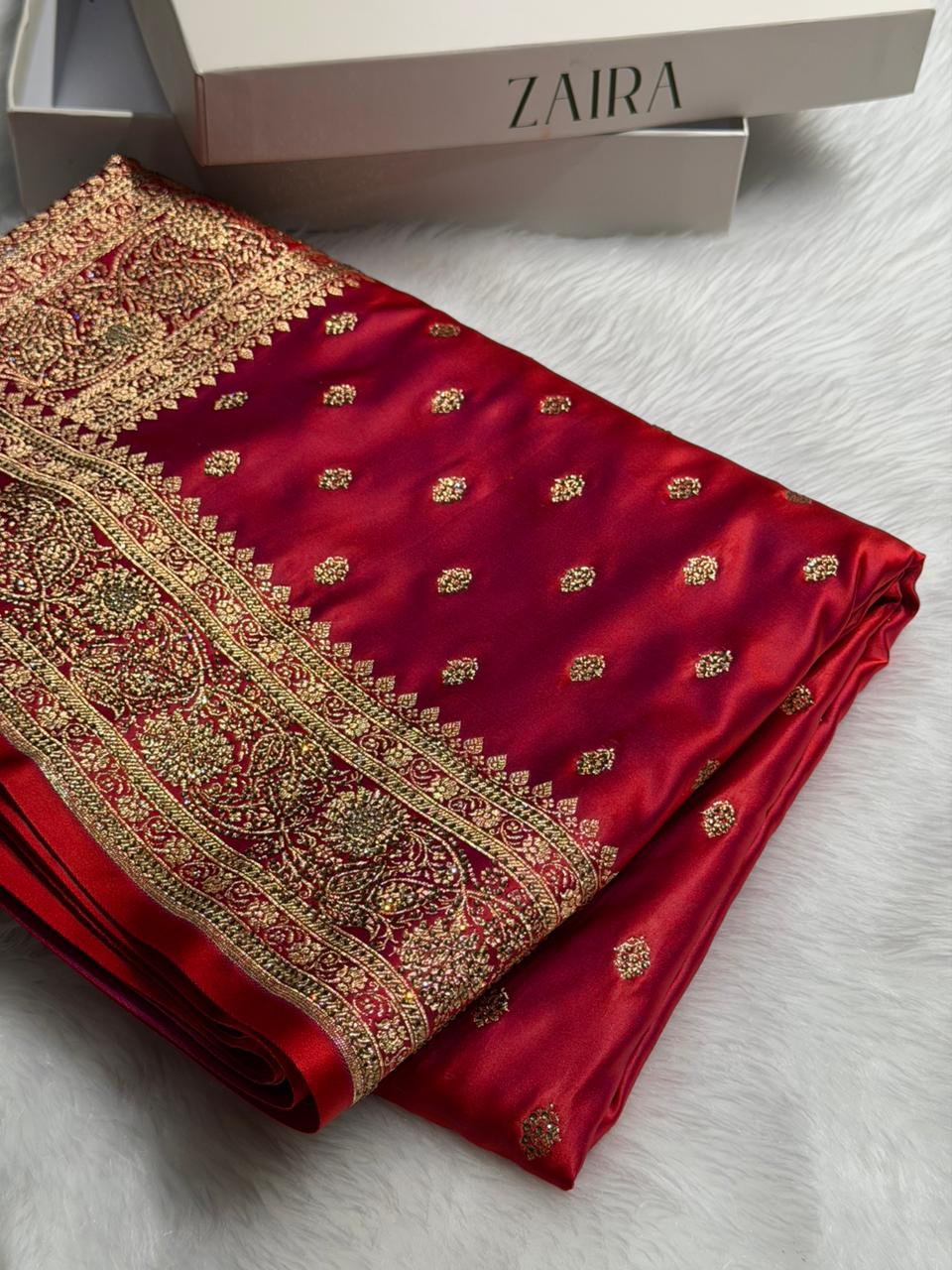 Banarasi Cross Red  Booti Pattern With Swarovski work Satin Katan Silk Saree BSK53