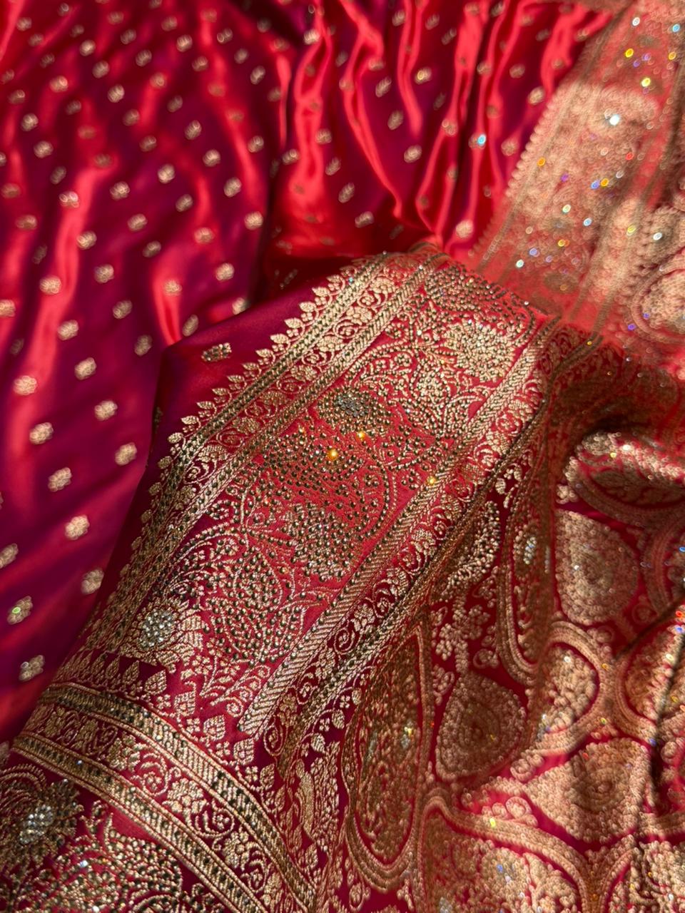 Banarasi Cross Red  Booti Pattern With Swarovski work Satin Katan Silk Saree BSK53