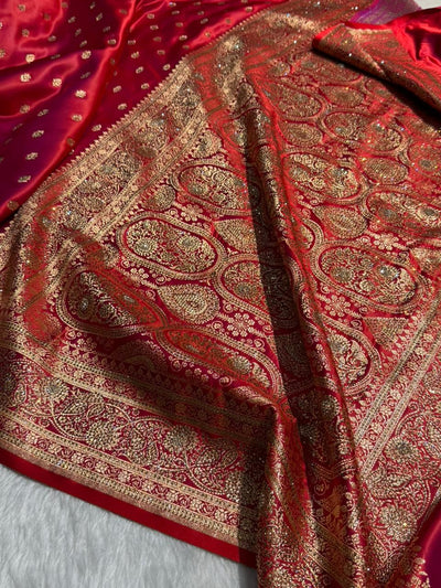 Banarasi Cross Red  Booti Pattern With Swarovski work Satin Katan Silk Saree BSK53