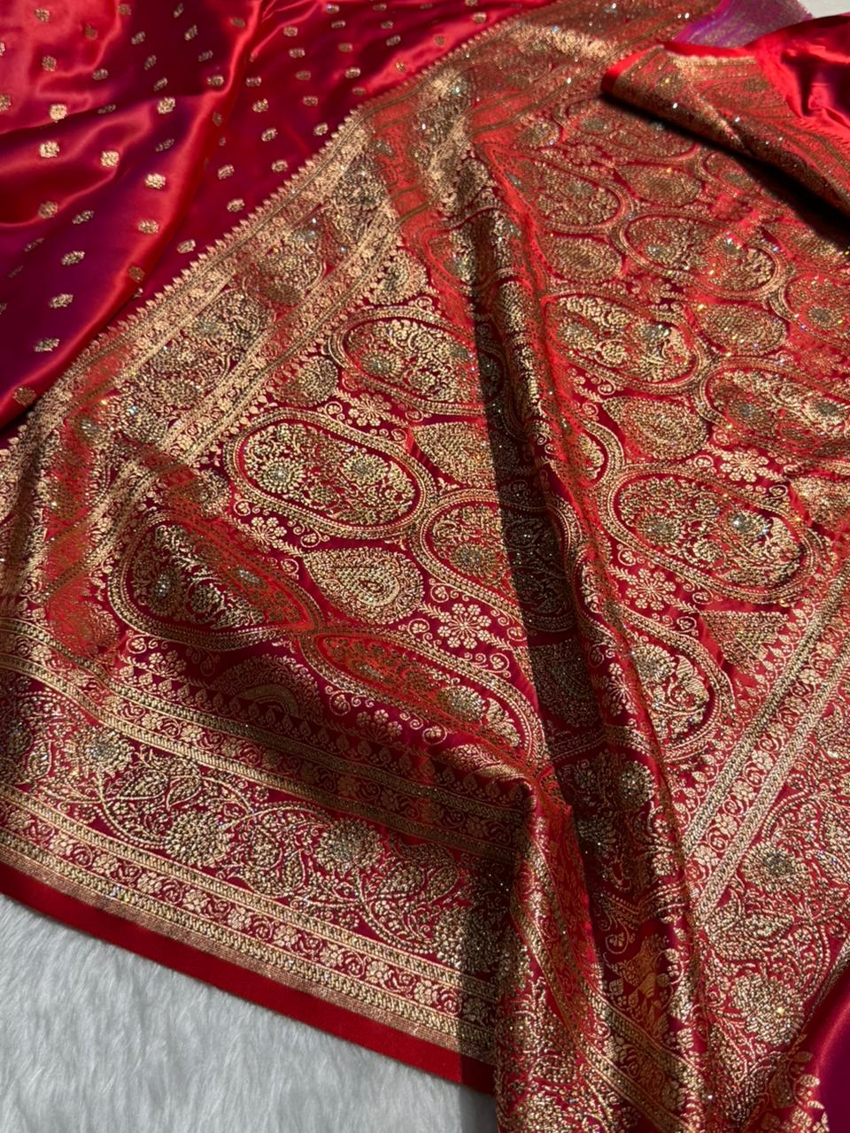 Banarasi Cross Red  Booti Pattern With Swarovski work Satin Katan Silk Saree BSK53