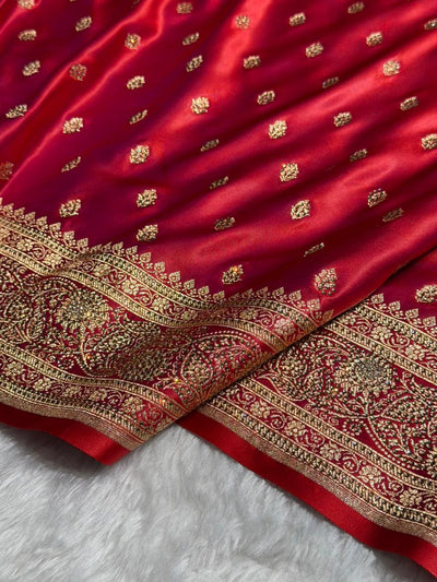 Banarasi Cross Red  Booti Pattern With Swarovski work Satin Katan Silk Saree BSK53