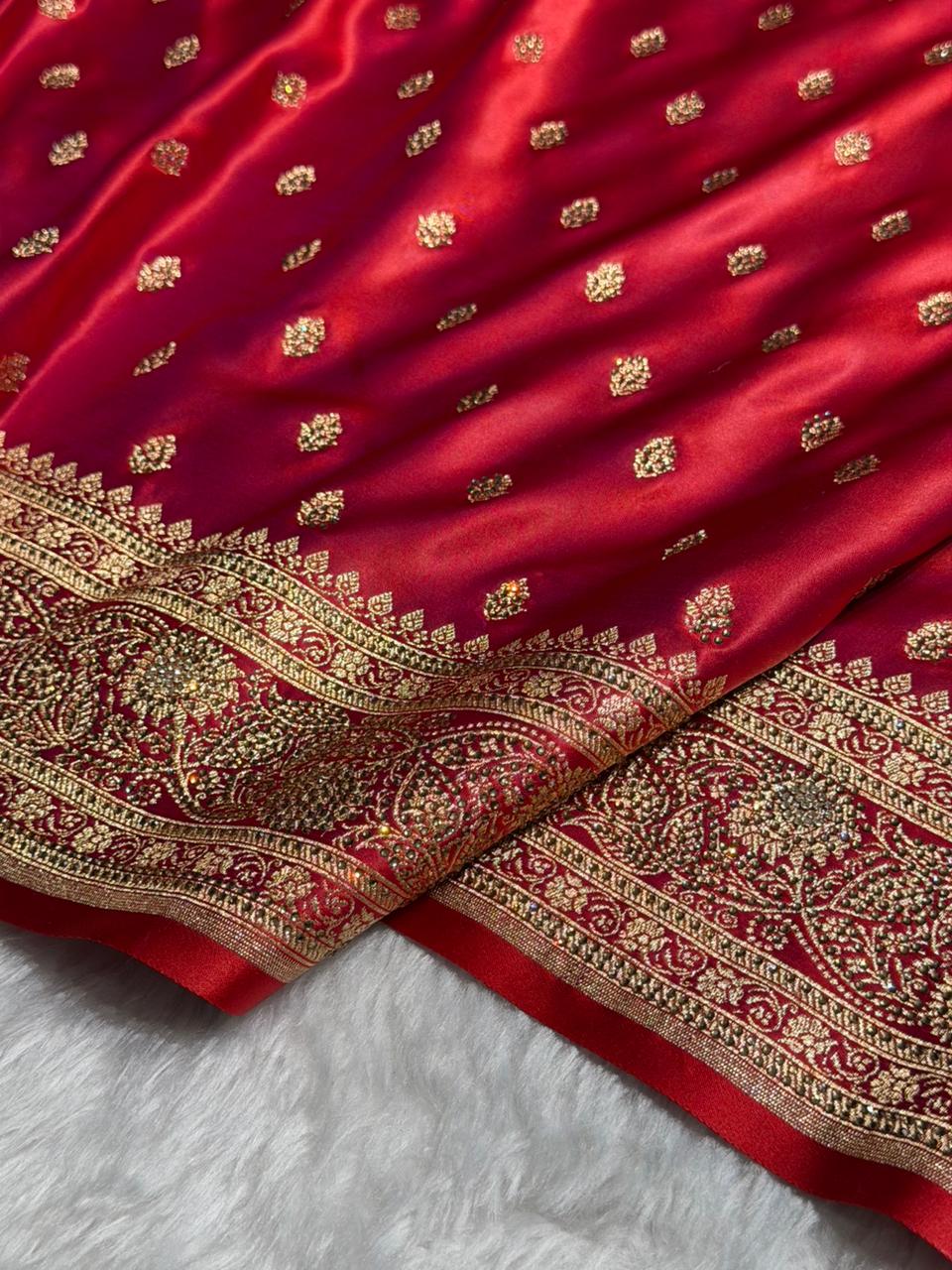 Banarasi Cross Red  Booti Pattern With Swarovski work Satin Katan Silk Saree BSK53