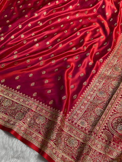 Banarasi Cross Red  Booti Pattern With Swarovski work Satin Katan Silk Saree BSK53