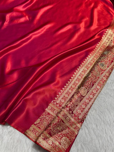 Banarasi Cross Red  Booti Pattern With Swarovski work Satin Katan Silk Saree BSK53