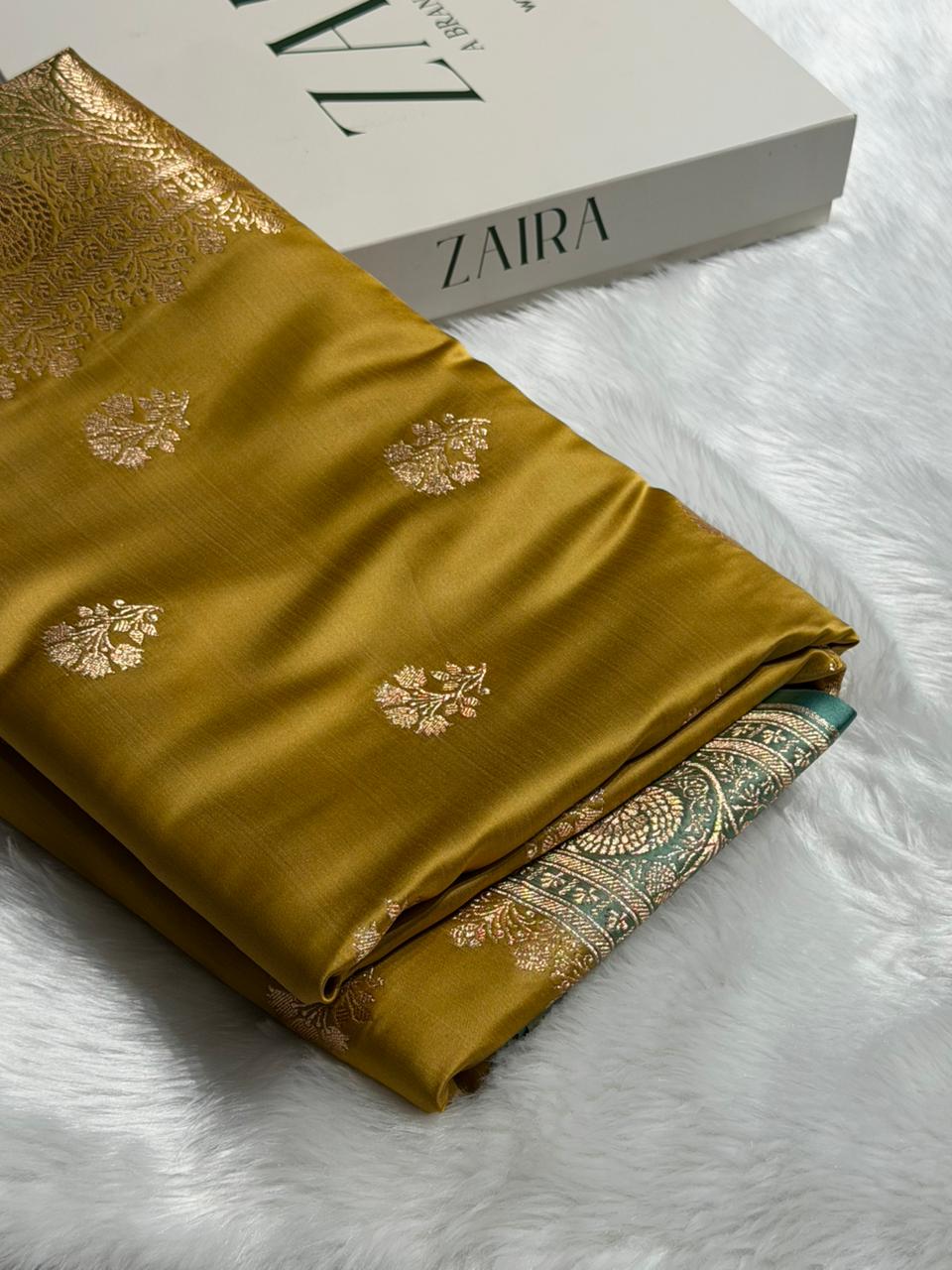 Mustard and turquoise contarst- Banarasi Boota Katan Silk Saree SKM29