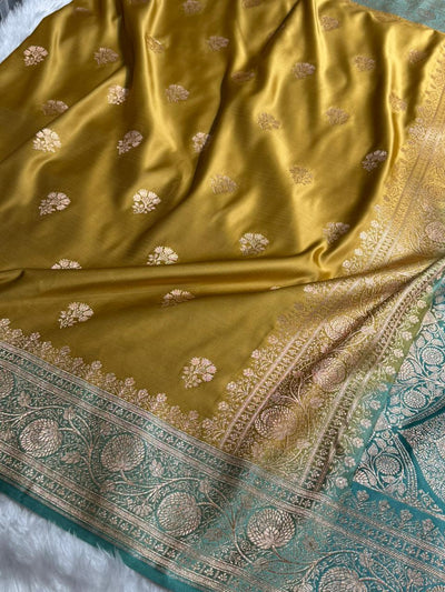 Mustard and turquoise contarst- Banarasi Boota Katan Silk Saree SKM29