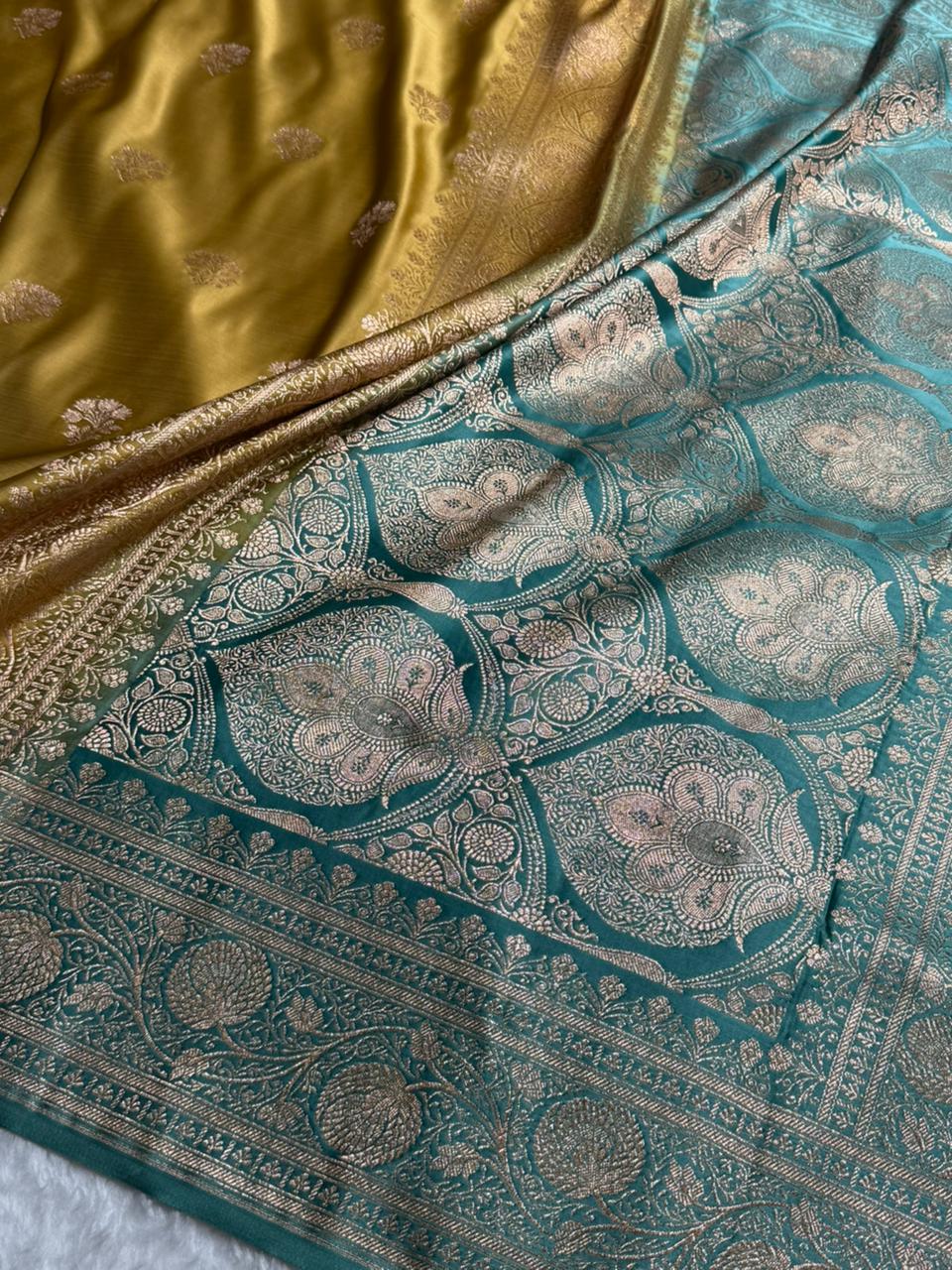 Mustard and turquoise contarst- Banarasi Boota Katan Silk Saree SKM29
