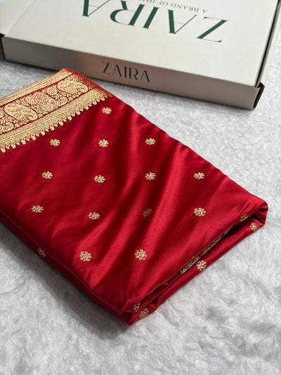 Banarasi Satin Katan Saree With Boota Pattern in Dark Red Shades SK127