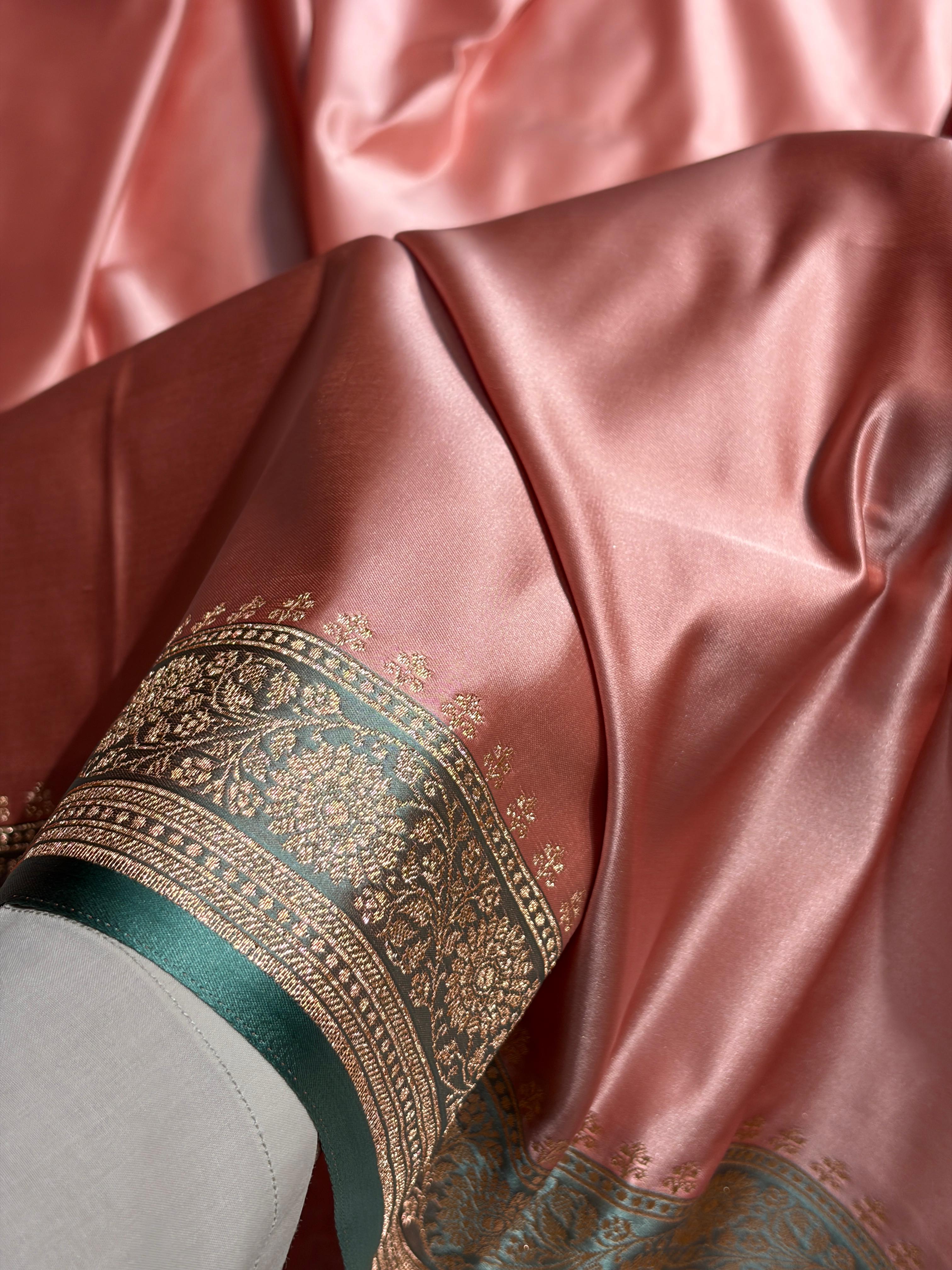 Banarasi Satin Katan Saree in Contrast  Dusty Rose - Sea Green Shades SK131