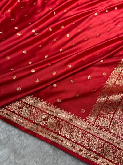 Banarasi Satin Katan Saree With Boota Pattern in Dark Red Shades SK127