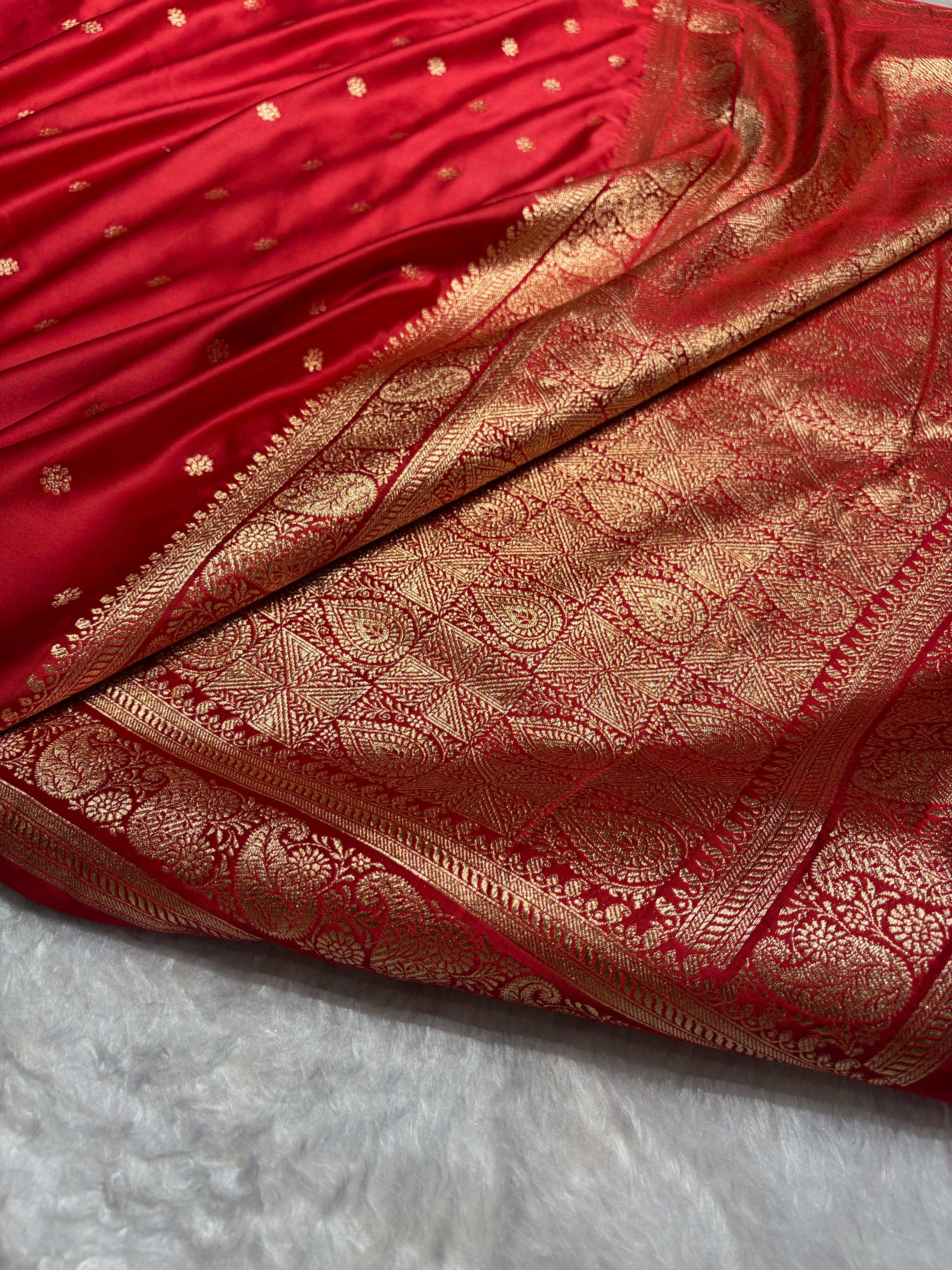 Banarasi Satin Katan Saree With Boota Pattern in Dark Red Shades SK127