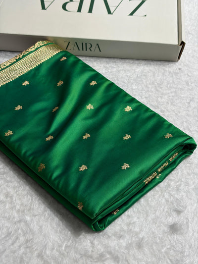 Banarasi Satin Katan Saree With Booti Pattern In bottle Green Shades SK125