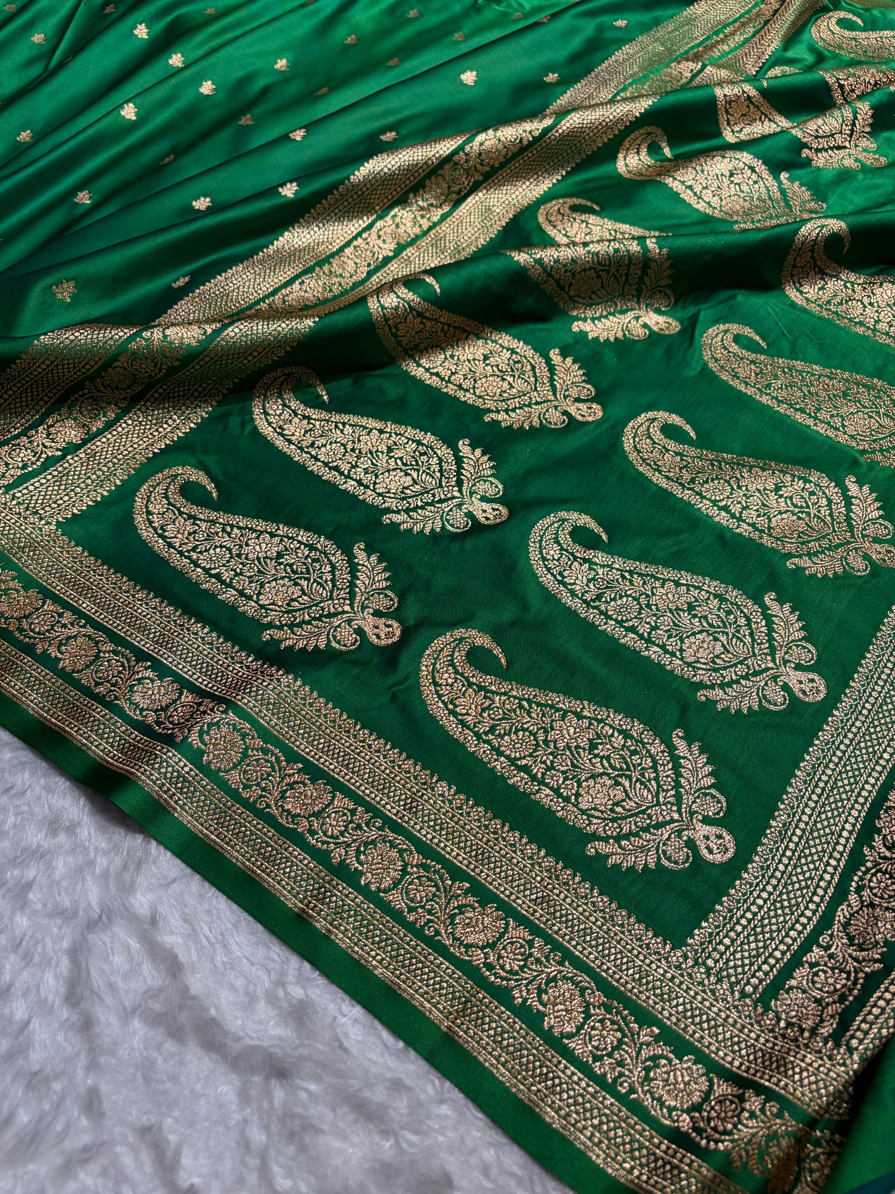Banarasi Satin Katan Saree With Booti Pattern In bottle Green Shades SK125