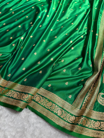 Banarasi Satin Katan Saree With Booti Pattern In bottle Green Shades SK125