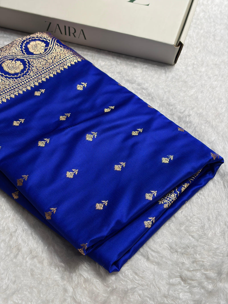 Banarasi Royal Blue  Booti Pattern Satin Katan Silk Saree SK54