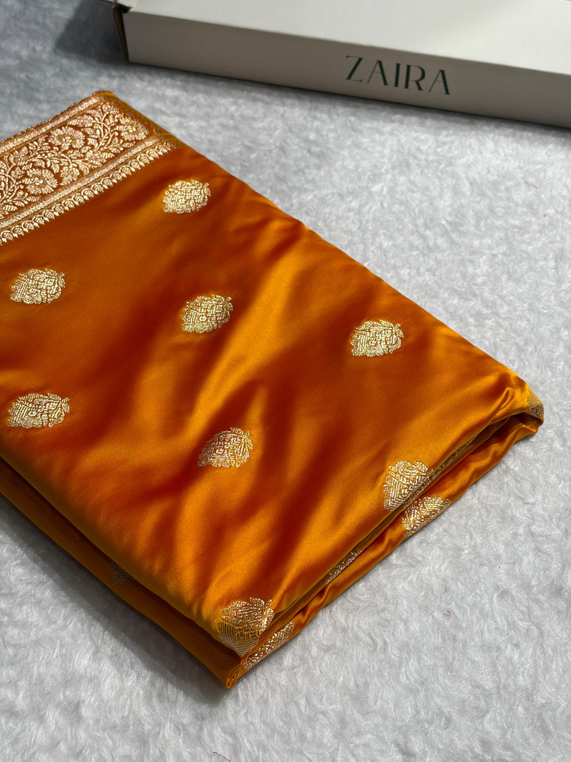 Banarasi Mustard Booti Pattern Satin Katan Silk Saree SK65