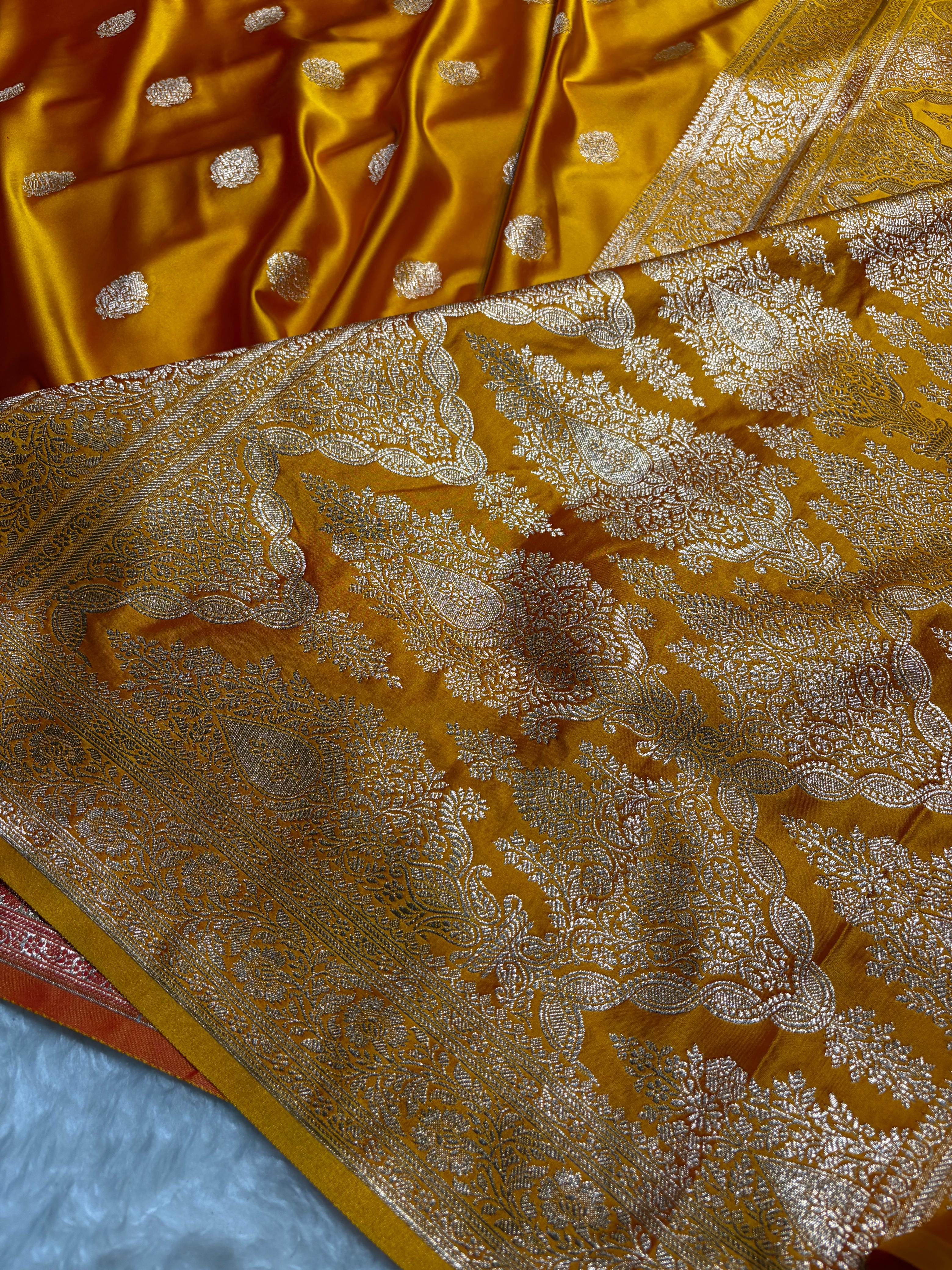 Banarasi Mustard Booti Pattern Satin Katan Silk Saree SK65
