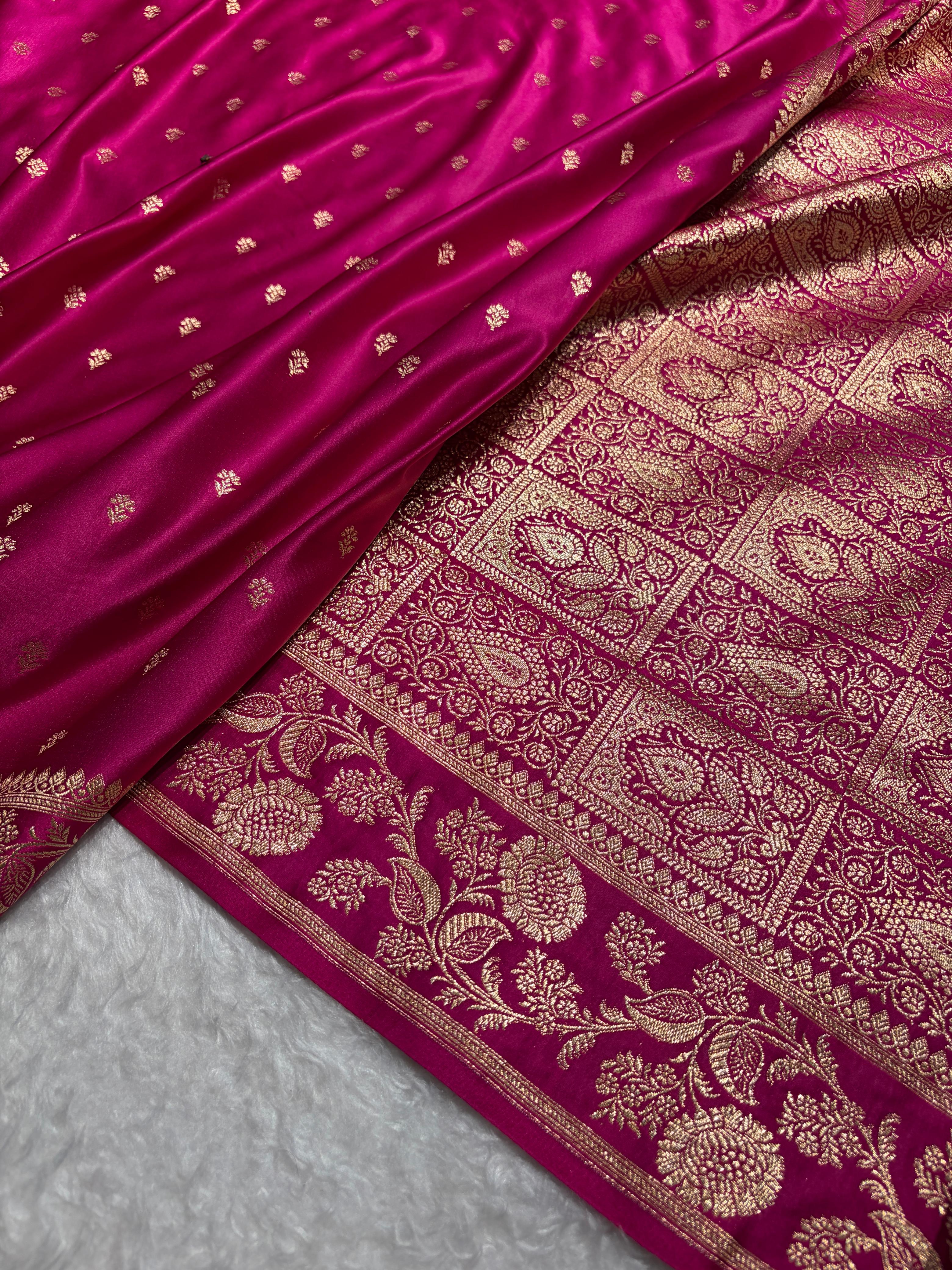 Rani Pink Floral Pattern Satin Katan Silk Saree SK77