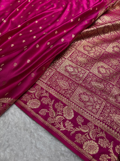 Rani Pink Floral Pattern Satin Katan Silk Saree SK77
