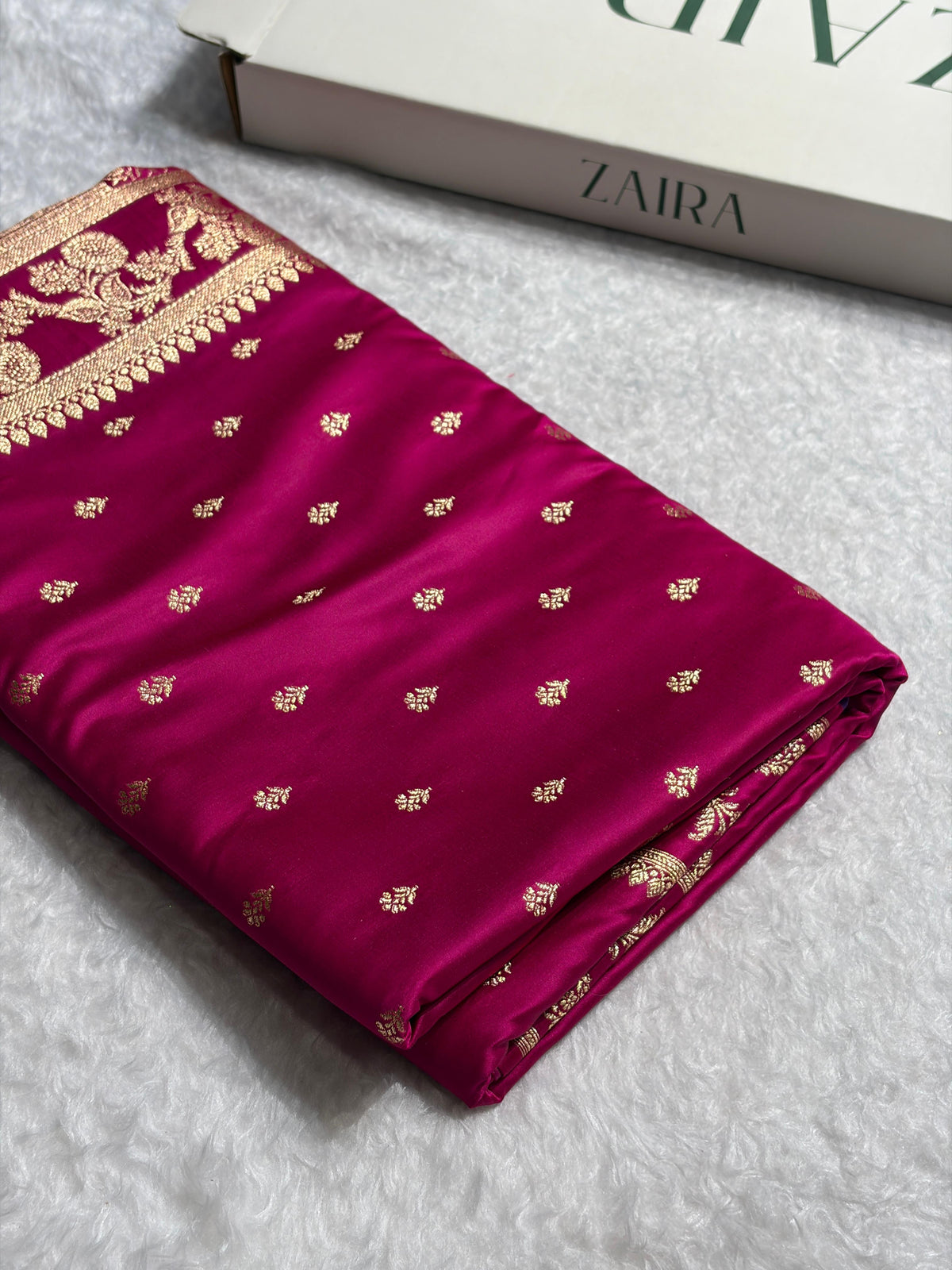 Rani Pink Floral Pattern Satin Katan Silk Saree SK77
