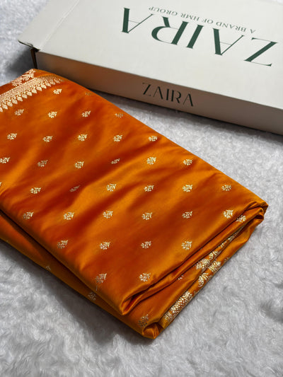 Orange Floral Pattern Satin Katan Silk Saree SK77