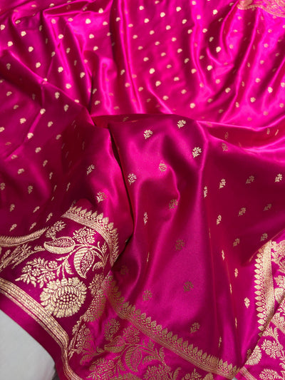 Rani Pink Floral Pattern Satin Katan Silk Saree SK77