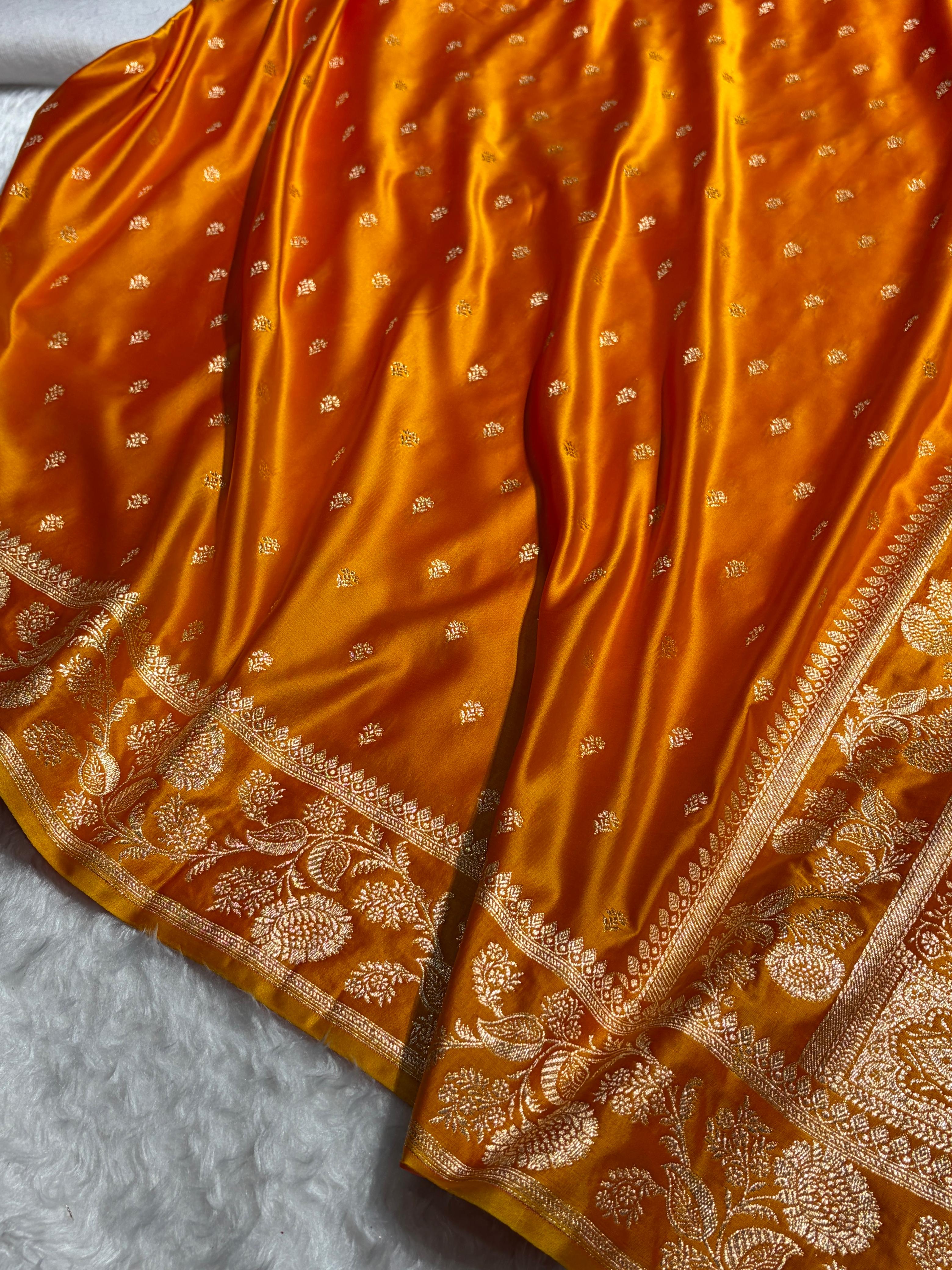 Orange Floral Pattern Satin Katan Silk Saree SK77