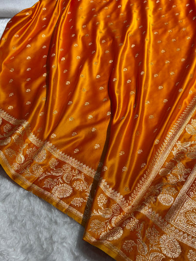 Orange Floral Pattern Satin Katan Silk Saree SK77