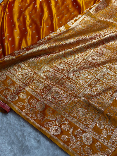 Orange Floral Pattern Satin Katan Silk Saree SK77