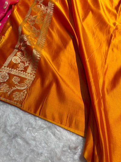 Orange Floral Pattern Satin Katan Silk Saree SK77