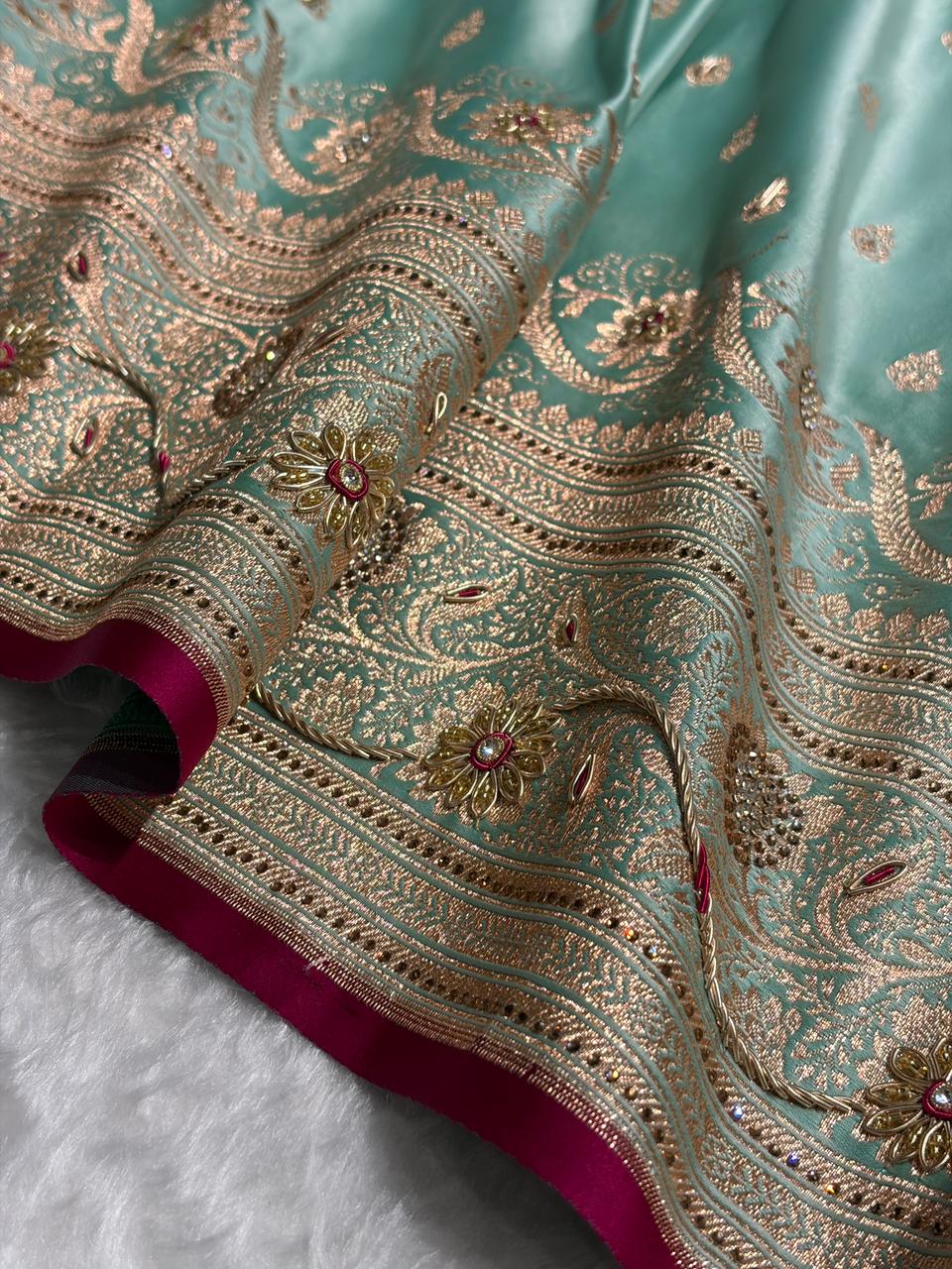 Banarasi Satin Katan Silk Saree With Ari Zardozi And Swarovski Work In Sea Green Shades BSK08