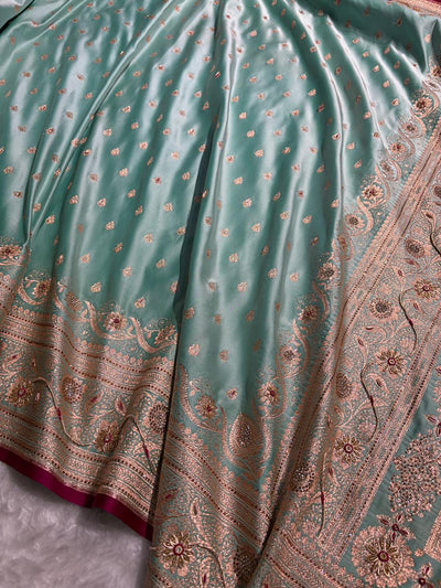 Banarasi Satin Katan Silk Saree With Ari Zardozi And Swarovski Work In Sea Green Shades BSK08