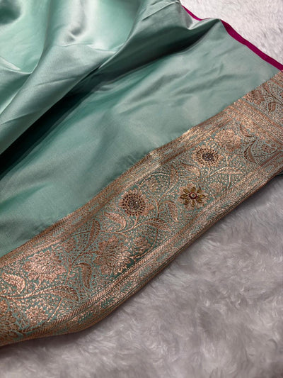 Banarasi Satin Katan Silk Saree With Ari Zardozi And Swarovski Work In Sea Green Shades BSK08