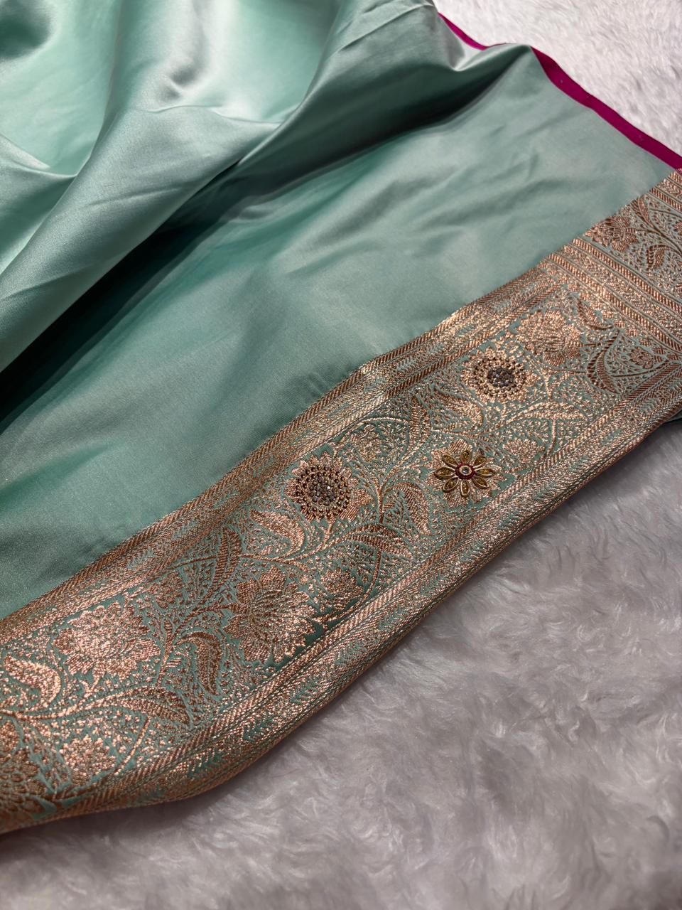Banarasi Satin Katan Silk Saree With Ari Zardozi And Swarovski Work In Sea Green Shades BSK08