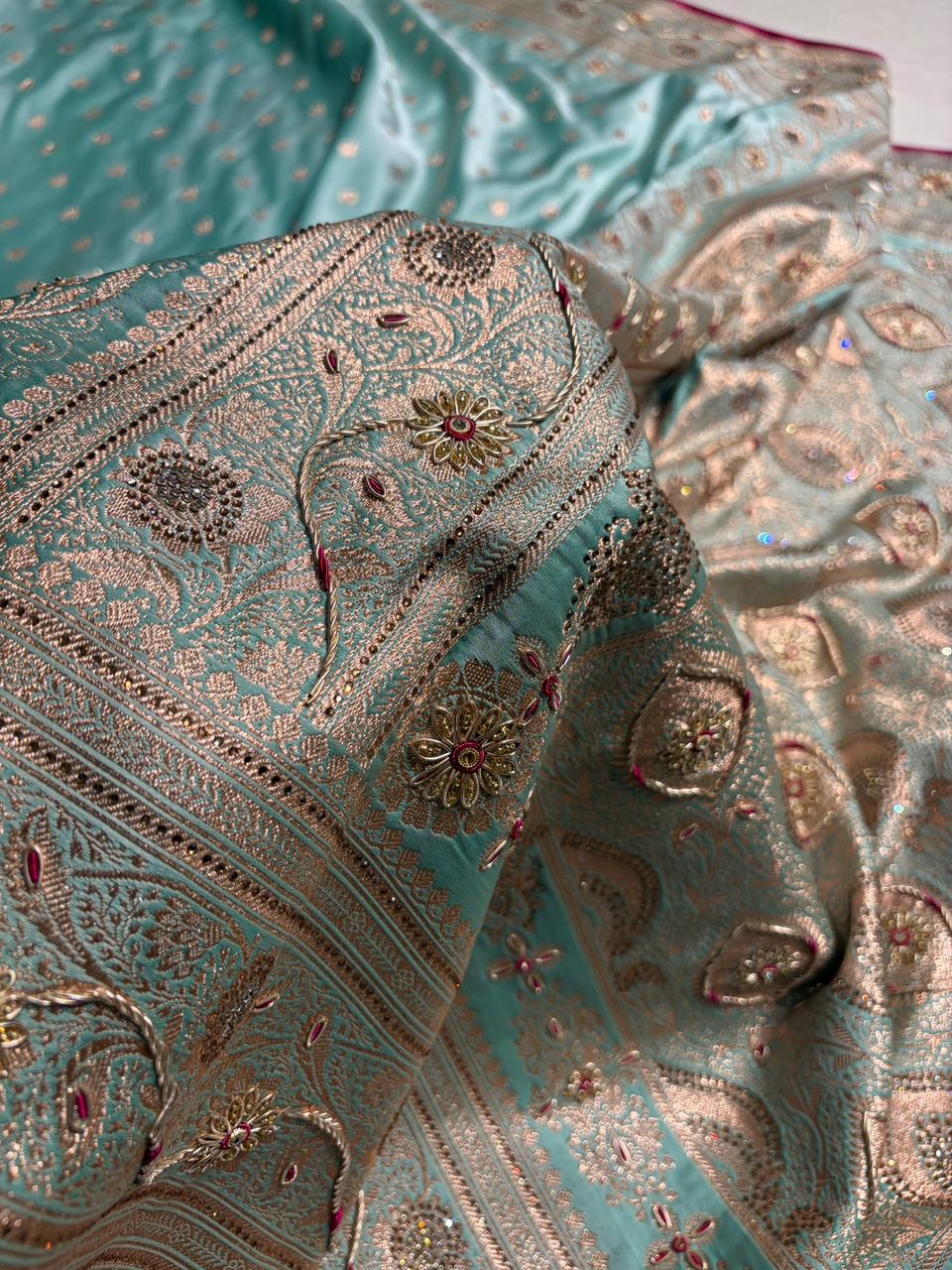 Banarasi Satin Katan Silk Saree With Ari Zardozi And Swarovski Work In Sea Green Shades BSK08
