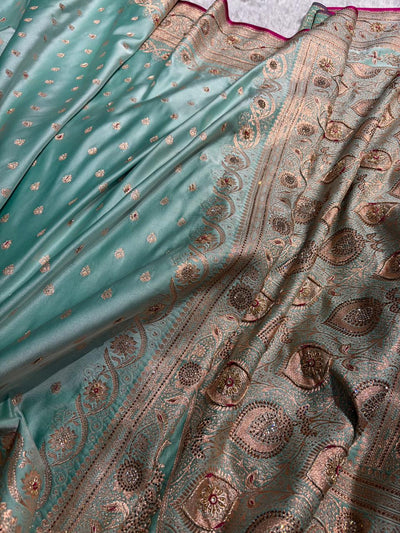 Banarasi Satin Katan Silk Saree With Ari Zardozi And Swarovski Work In Sea Green Shades BSK08