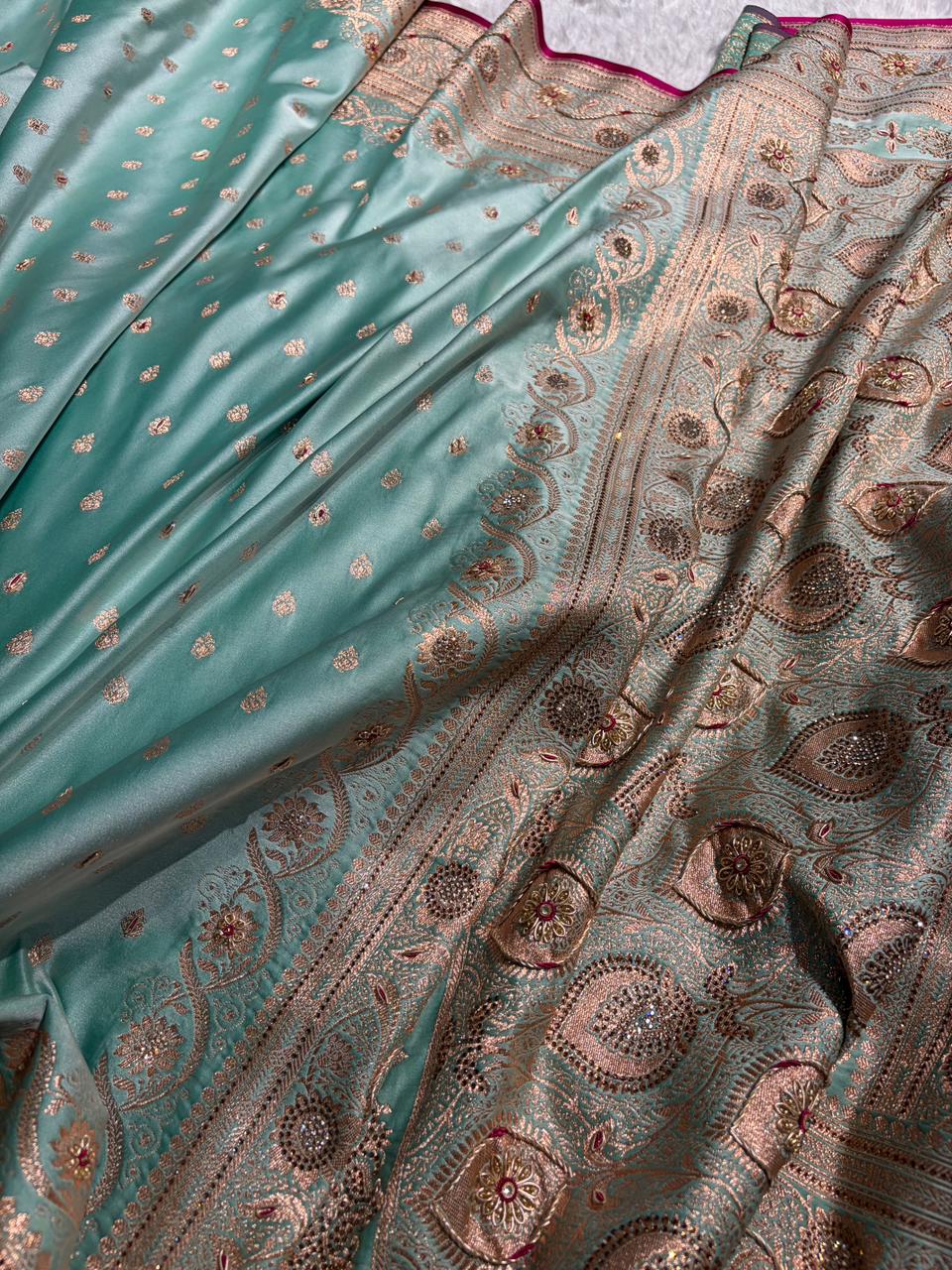Banarasi Satin Katan Silk Saree With Ari Zardozi And Swarovski Work In Sea Green Shades BSK08