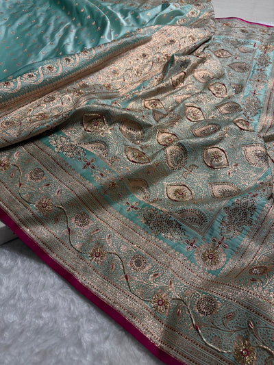 Banarasi Satin Katan Silk Saree With Ari Zardozi And Swarovski Work In Sea Green Shades BSK08