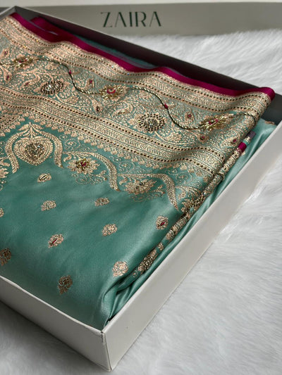 Banarasi Satin Katan Silk Saree With Ari Zardozi And Swarovski Work In Sea Green Shades BSK08