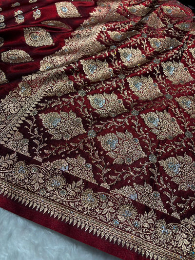 Banarasi Bridal Satin Silk Meena Boota in Maroon Shades BSS38