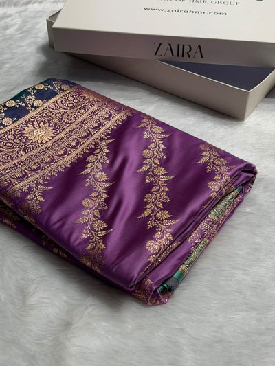 Royal Purple / Teal green Contrast Satin Katan Saree Floral Cross Pattern SK155