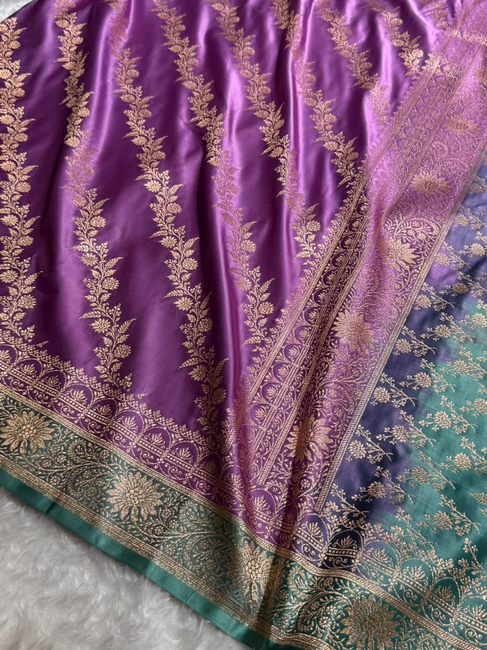 Royal Purple / Teal green Contrast Satin Katan Saree Floral Cross Pattern SK155