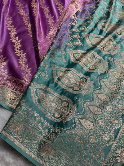Royal Purple / Teal green Contrast Satin Katan Saree Floral Cross Pattern SK155