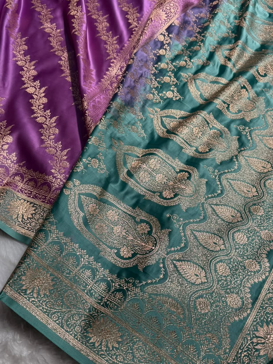 Royal Purple / Teal green Contrast Satin Katan Saree Floral Cross Pattern SK155