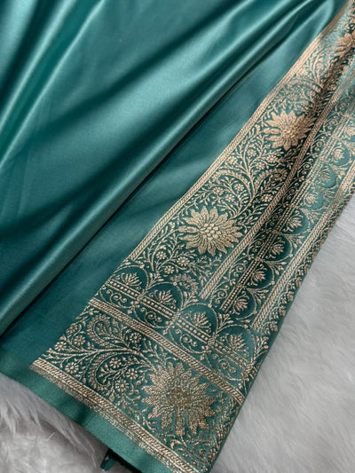 Royal Purple / Teal green Contrast Satin Katan Saree Floral Cross Pattern SK155