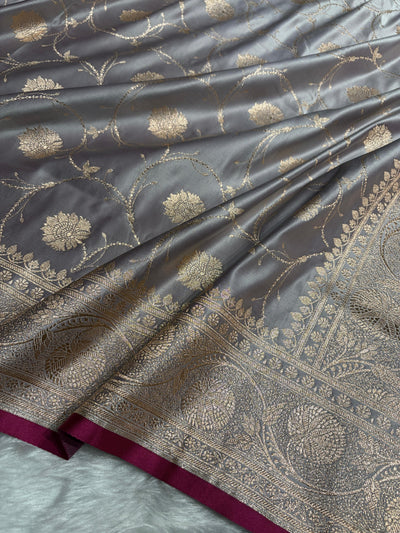 Grey  Banarasi Jaal Satin Katan Silk Saree SK06