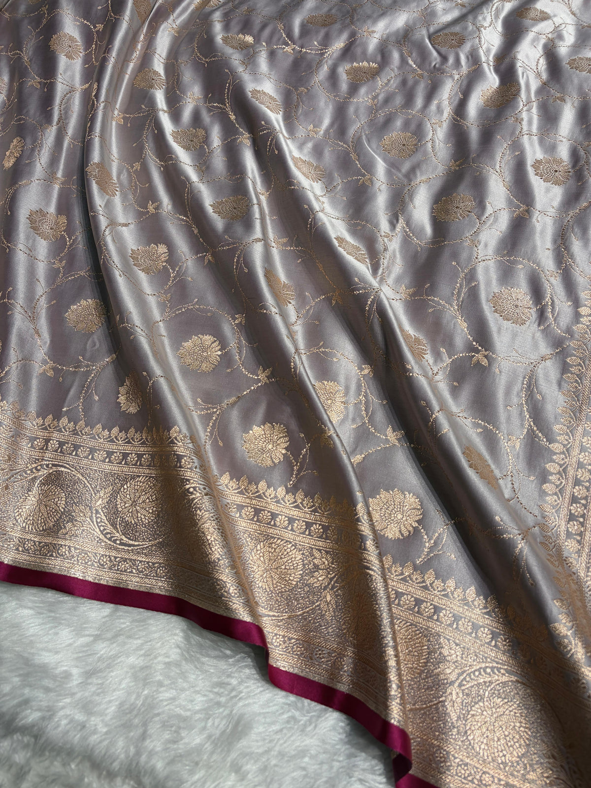 Grey  Banarasi Jaal Satin Katan Silk Saree SK06