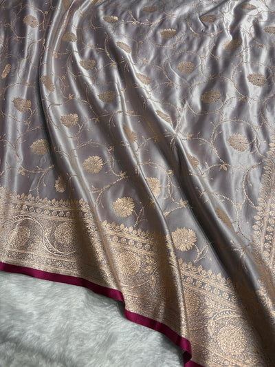 Grey  Banarasi Jaal Satin Katan Silk Saree SK06