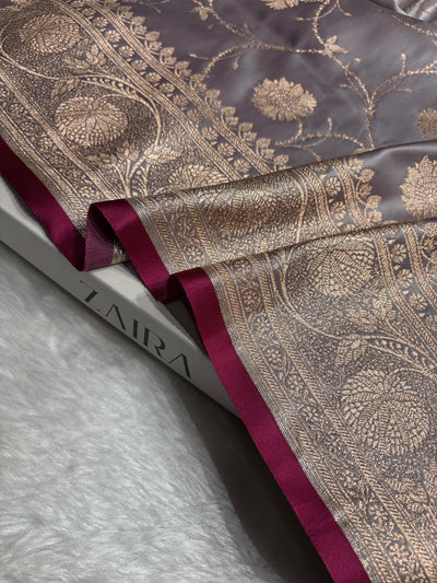 Grey  Banarasi Jaal Satin Katan Silk Saree SK06